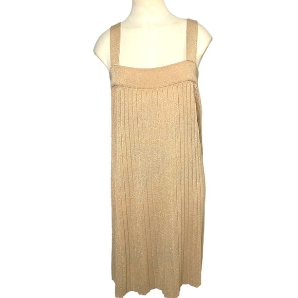 Gold Metallic Pleated Midi Dress Tight Knit Festive Relax fit Shoulder Staps L - Picture 1 of 8